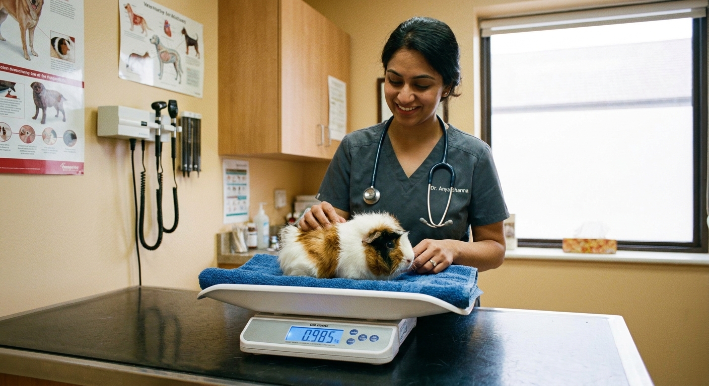 A veterinarian weighing a guinea pig on a small digital scale in a veterinary exam room, with the guinea pig resting calmly on a soft towel