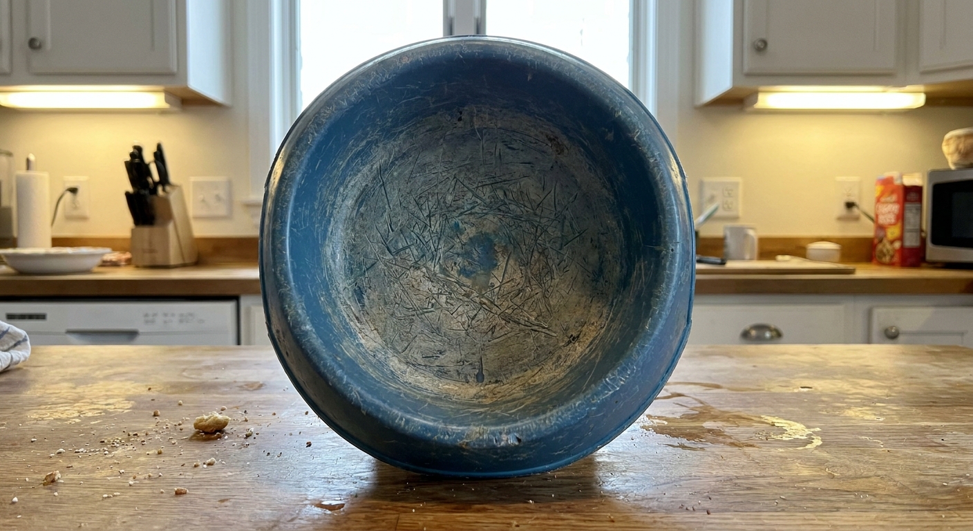 A worn plastic pet bowl with visible scratch marks on the inside sitting on a countertop under bright kitchen lighting