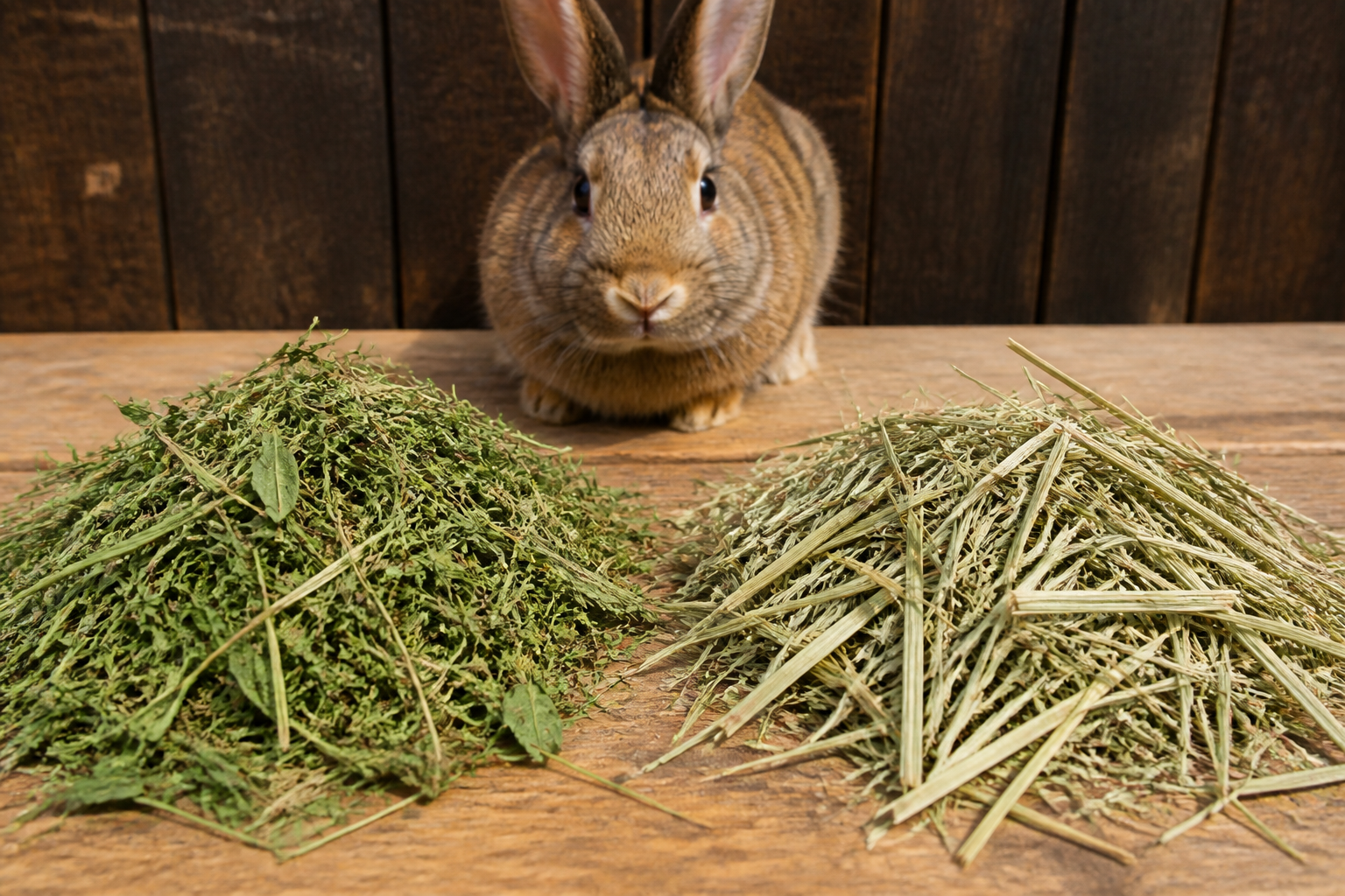 A young rabbit eating alfalfa hay from a large ceramic bowl inside a clean indoor enclosure