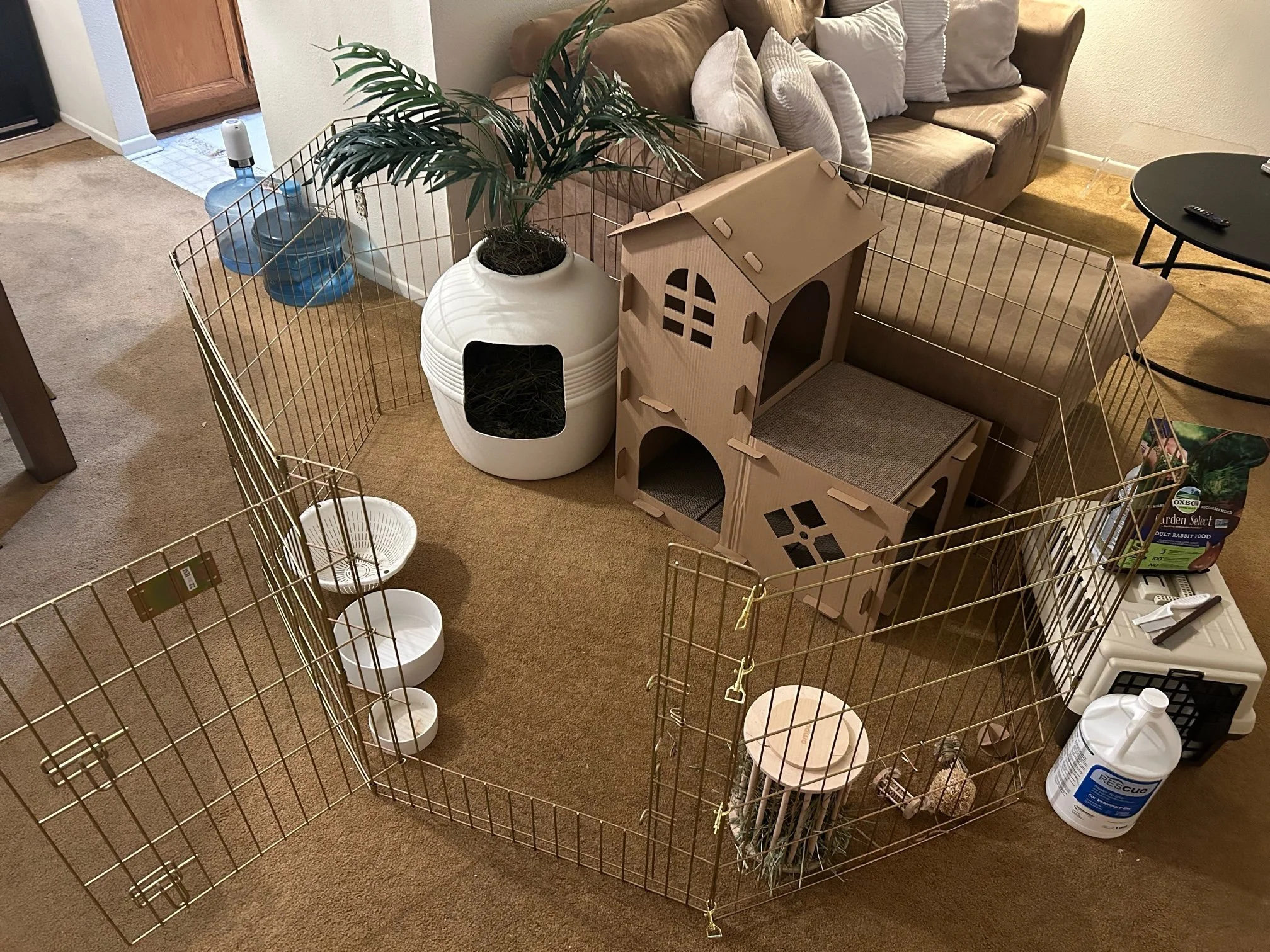 An exercise pen panel blocking access behind a couch and TV stand