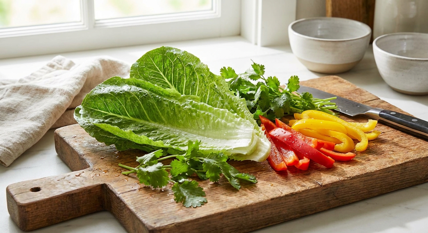 Fresh romaine lettuce leaves, cilantro sprigs, and sliced bell pepper arranged on a cutting board in a bright kitchen