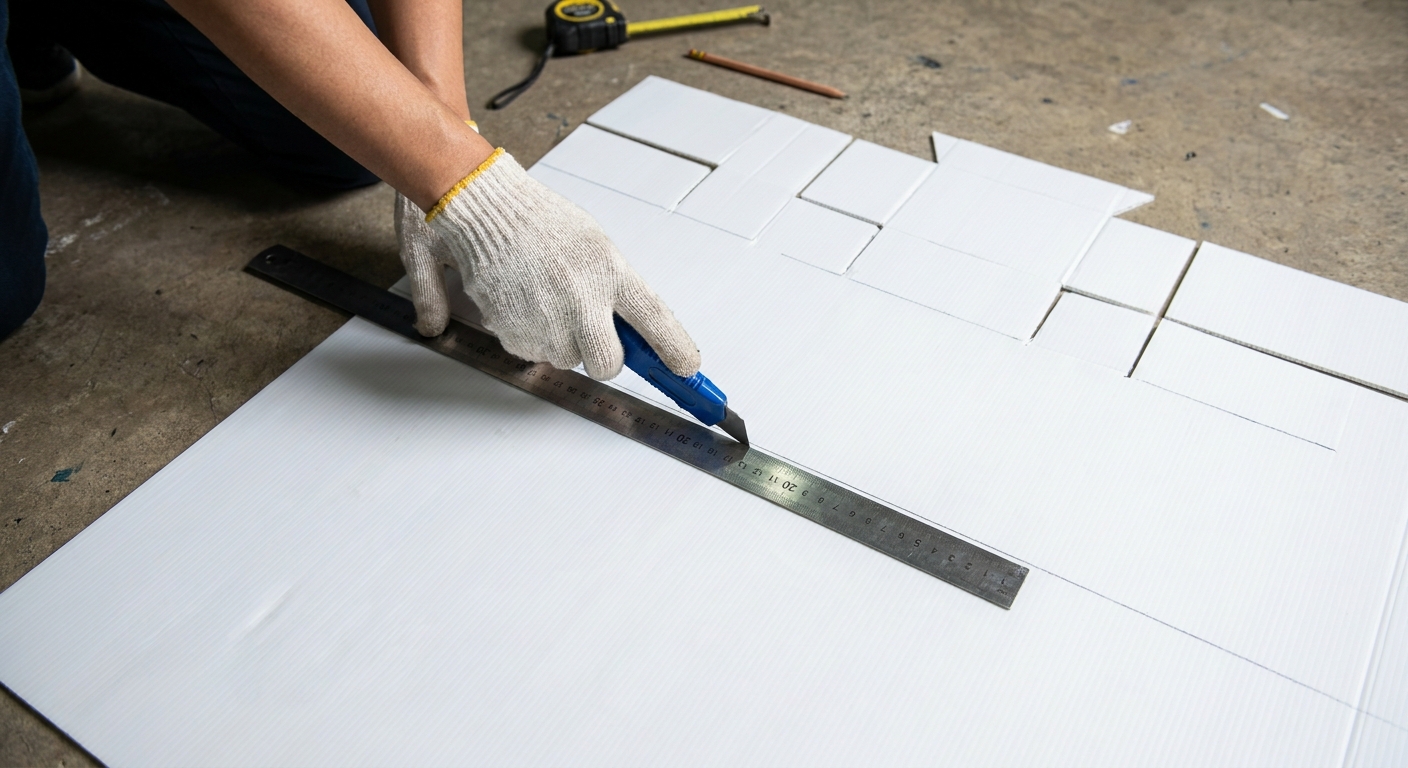 Hands using a metal ruler and a utility knife to score a straight line on a coroplast sheet on a floor, preparing folds for a cage base