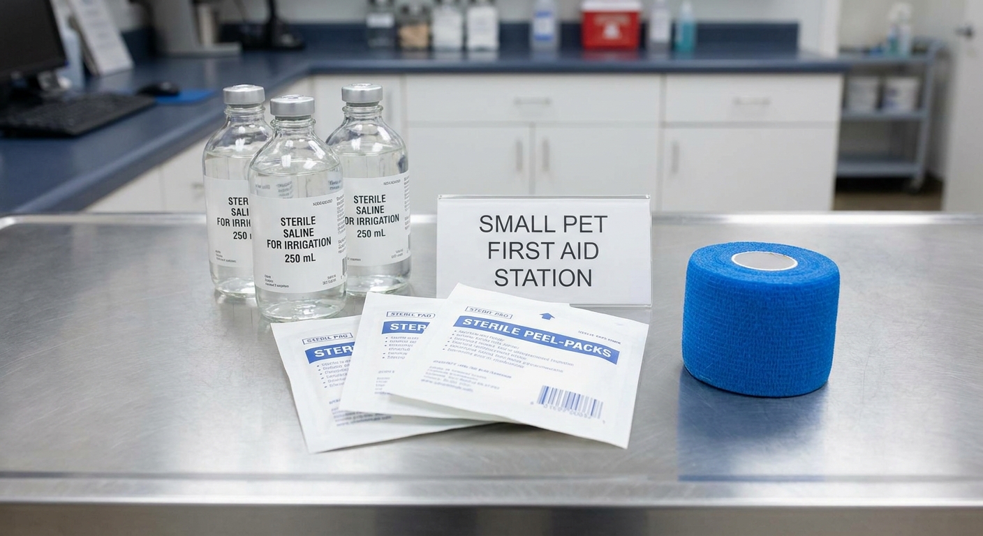 Sterile saline bottles, gauze pads, and a roll of vet wrap arranged on a clean table for small pet first aid