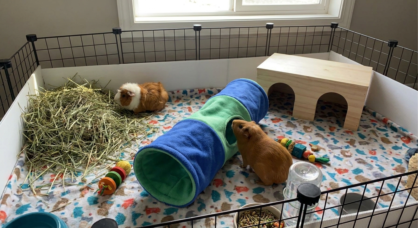 Two guinea pigs in an indoor playpen on fleece bedding with a hay pile, a low wooden hide with two entrances, and a soft fleece tunnel