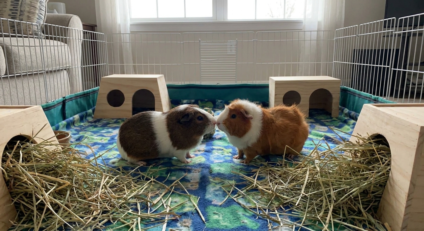Two guinea pigs meeting in a neutral indoor playpen with piles of timothy hay, two hideys with two openings, and a fleece liner underfoot