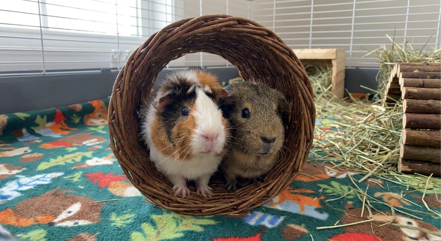 Two guinea pigs peeking out of a woven willow tunnel on a fleece-lined cage floor