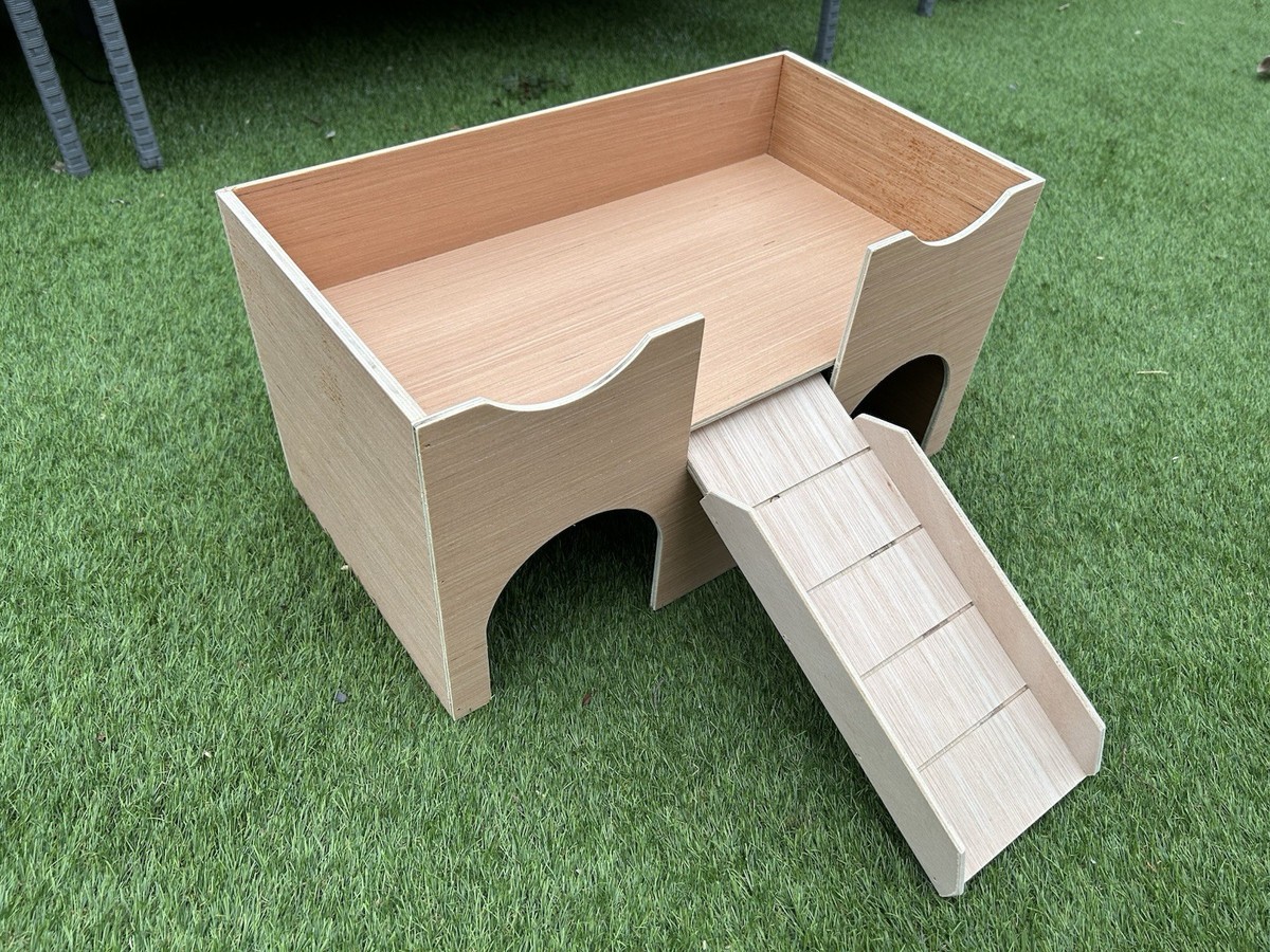 Two guinea pigs sitting beside a plain untreated wooden hide house with a large doorway in a clean C&C enclosure