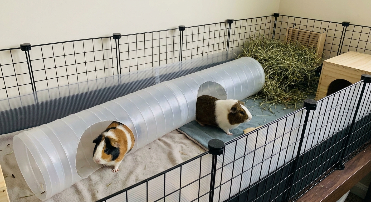 Two guinea pigs walking through a wide tunnel inside a clean C&C enclosure with hay piled at one end