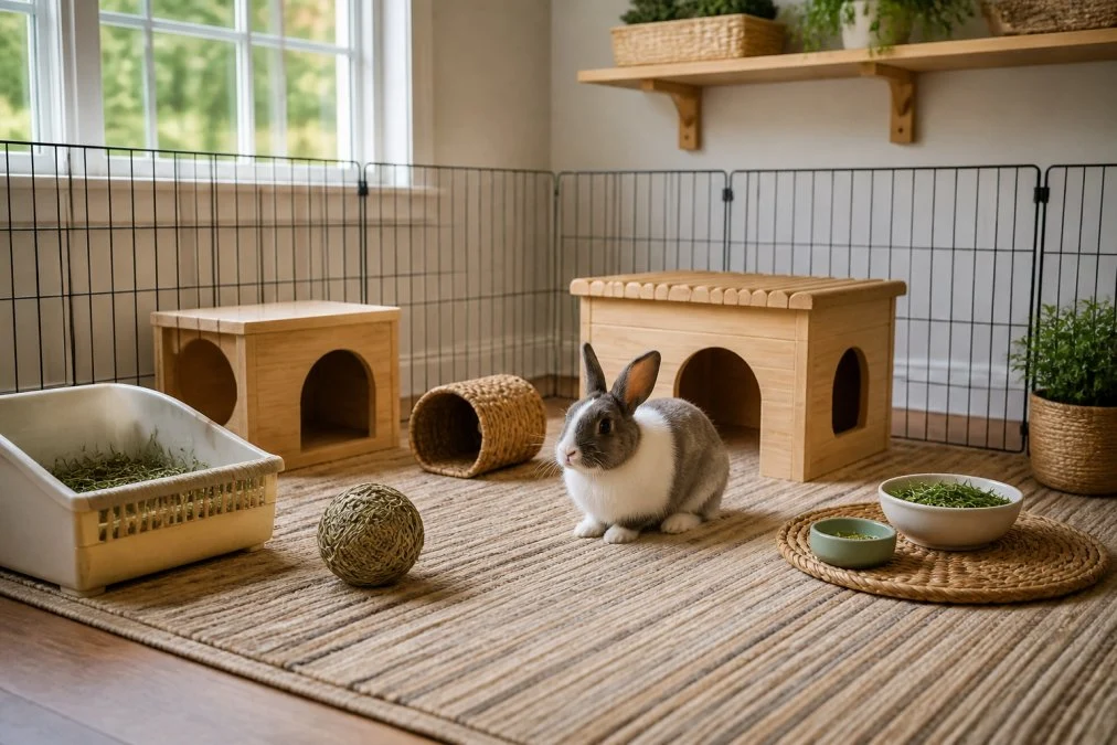 Two house rabbits meeting in a neutral bathroom space with a towel on the floor, two small hay piles, and a person sitting nearby ready to supervise